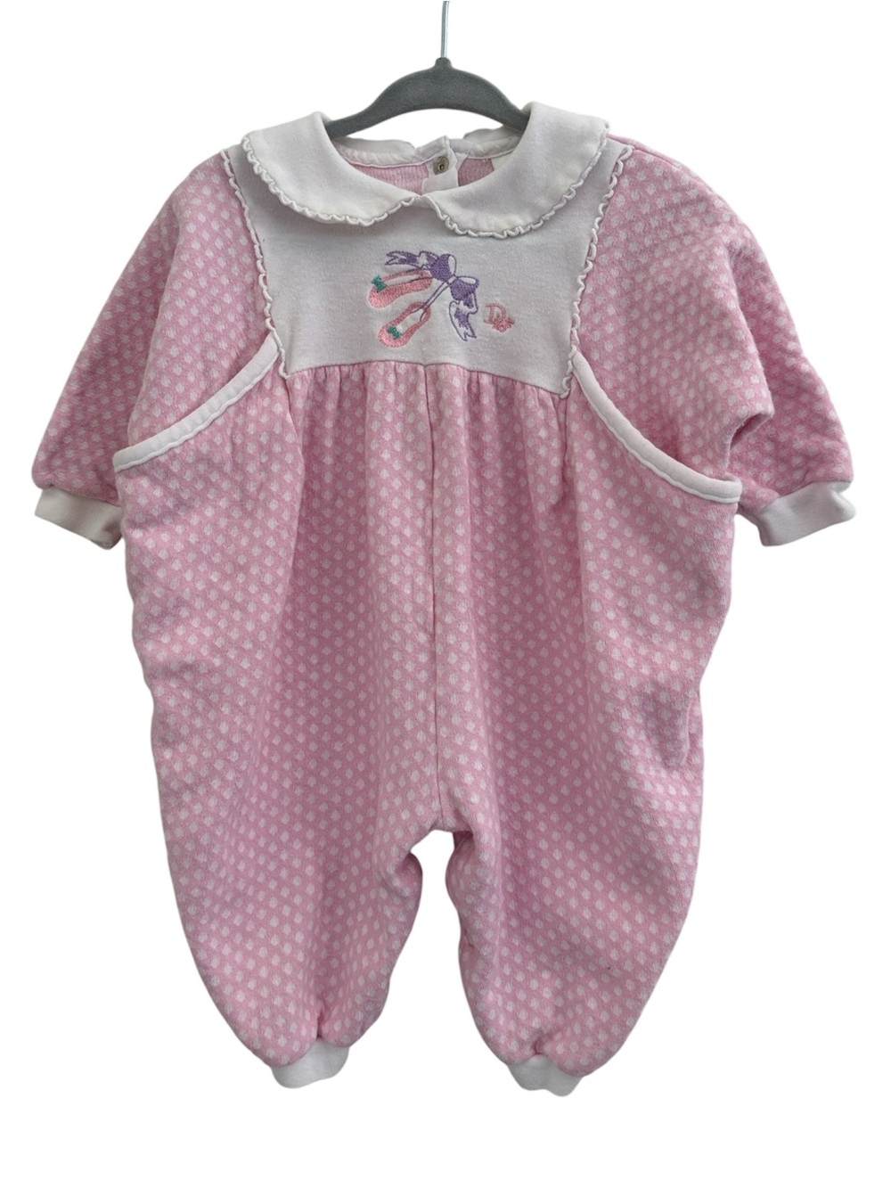 Vintage Baby Dior Cotton Embroidered Ballet Bow Polka Dot Snap Onesie Made USA
